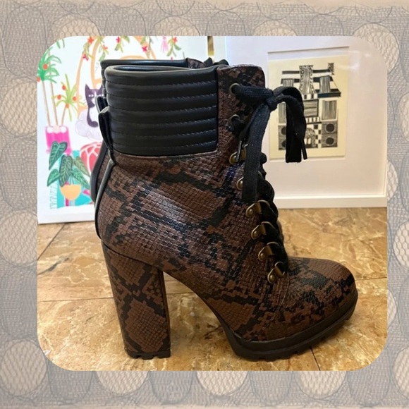 Just Fab • brown & black snakeskin print lace up 4” heel ankle boots - Picture 2 of 15
